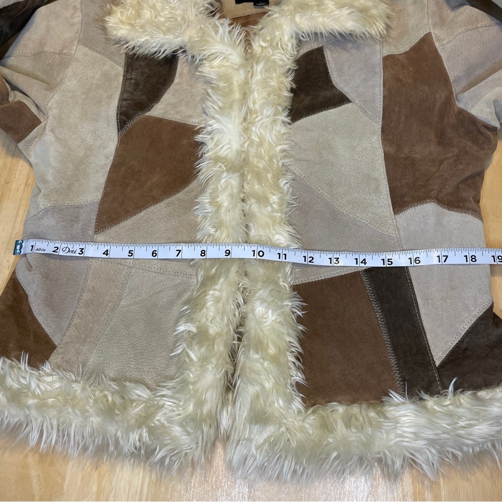 Vintage STATIC Genuine Suede Leather Patchwork Faux Fur Trim Jacket - Brown/Tan - Picture 11 of 16